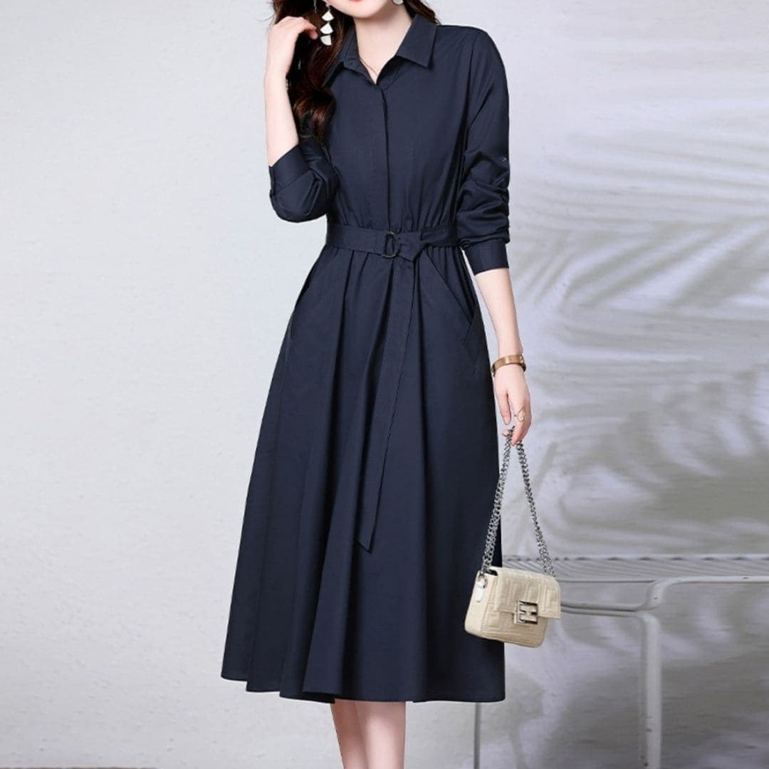 オフィスカジュアル レディース　ハイウエストコットンワンピース