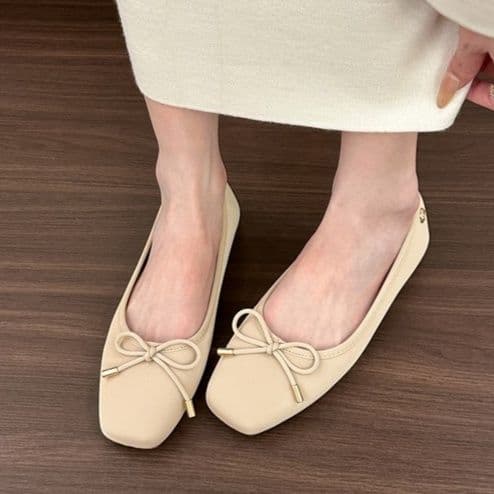 オフィスカジュアル スクエアトゥ リボン バレエシューズ