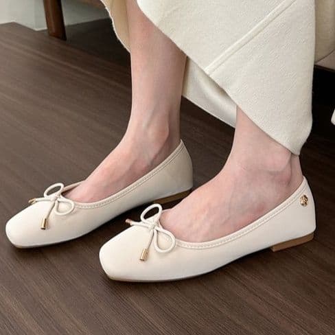 オフィスカジュアル スクエアトゥ リボン バレエシューズ