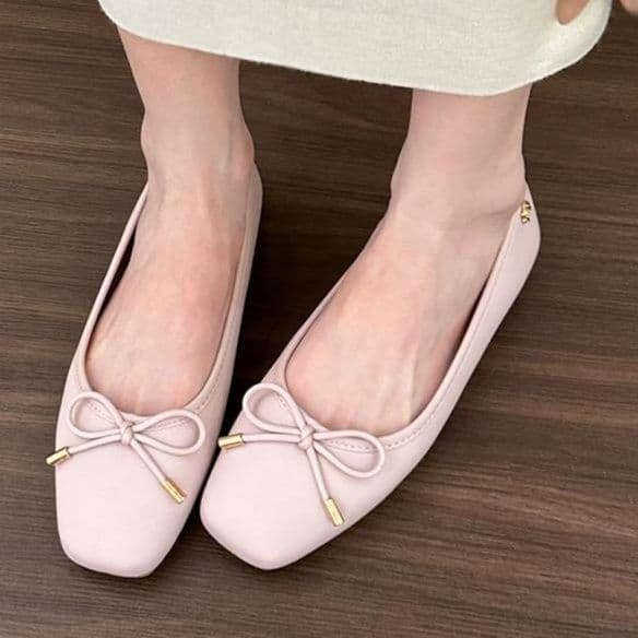 オフィスカジュアル スクエアトゥ リボン バレエシューズ