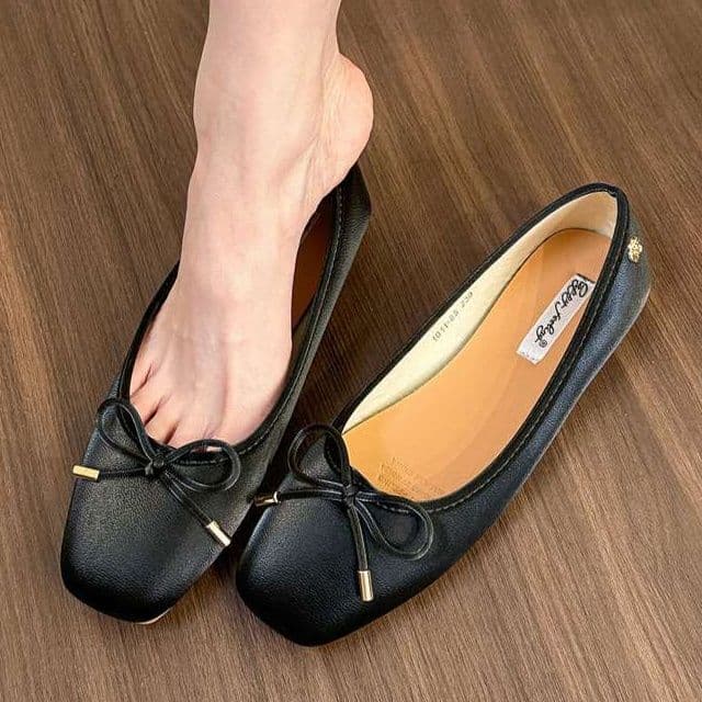 オフィスカジュアル スクエアトゥ リボン バレエシューズ