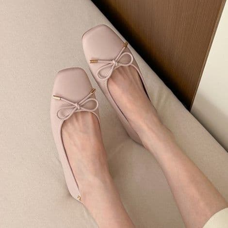 オフィスカジュアル スクエアトゥ リボン バレエシューズ