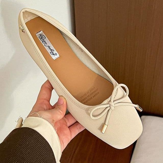 オフィスカジュアル スクエアトゥ リボン バレエシューズ
