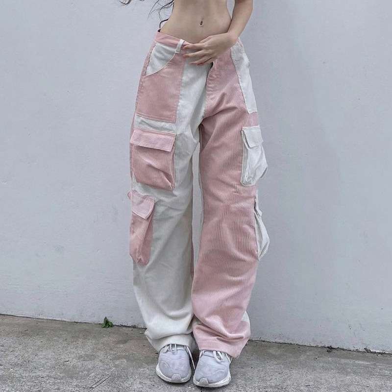 オフィスカジュアル  切替デザインコーデュロイワイドカーゴパンツ