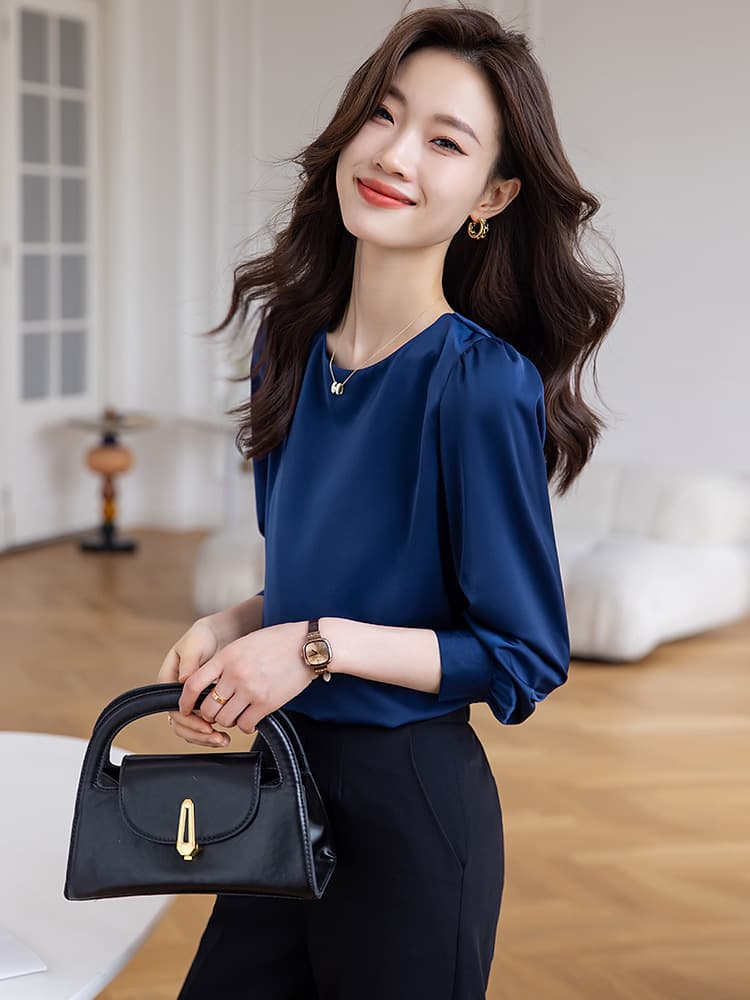 オフィスカジュアル レディース ラウンドネックシフォンブラウス