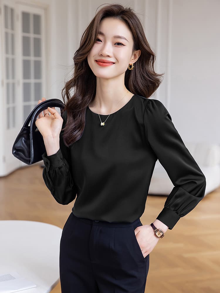 オフィスカジュアル レディース ラウンドネックシフォンブラウス