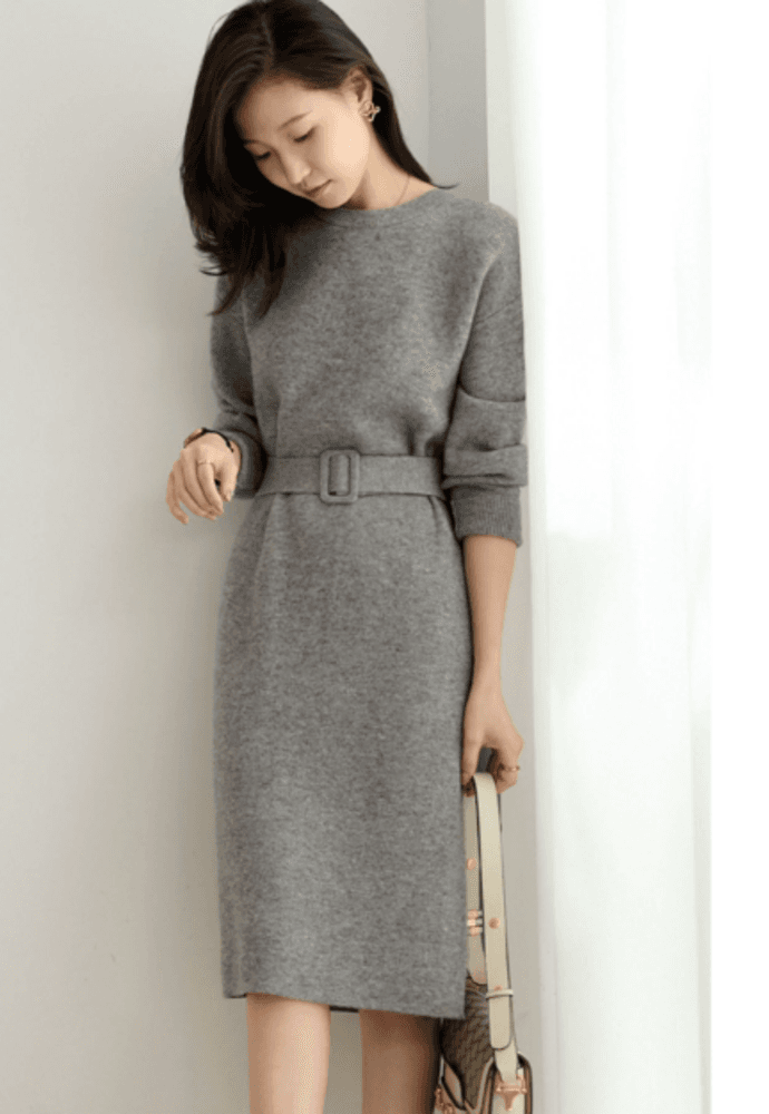 オフィスカジュアル レディース 顔まわりスッキリラウンドネック ワンピース