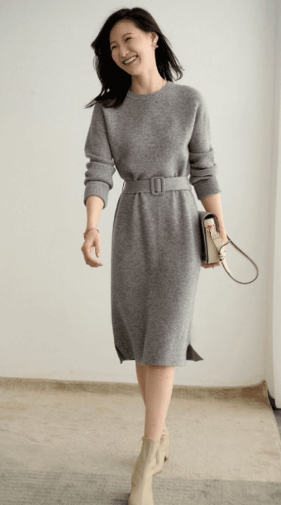 オフィスカジュアル レディース 顔まわりスッキリラウンドネック ワンピース