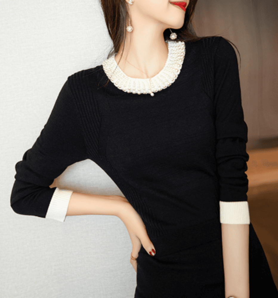 オフィスカジュアル レディース パール付き襟 ニット ワンピース