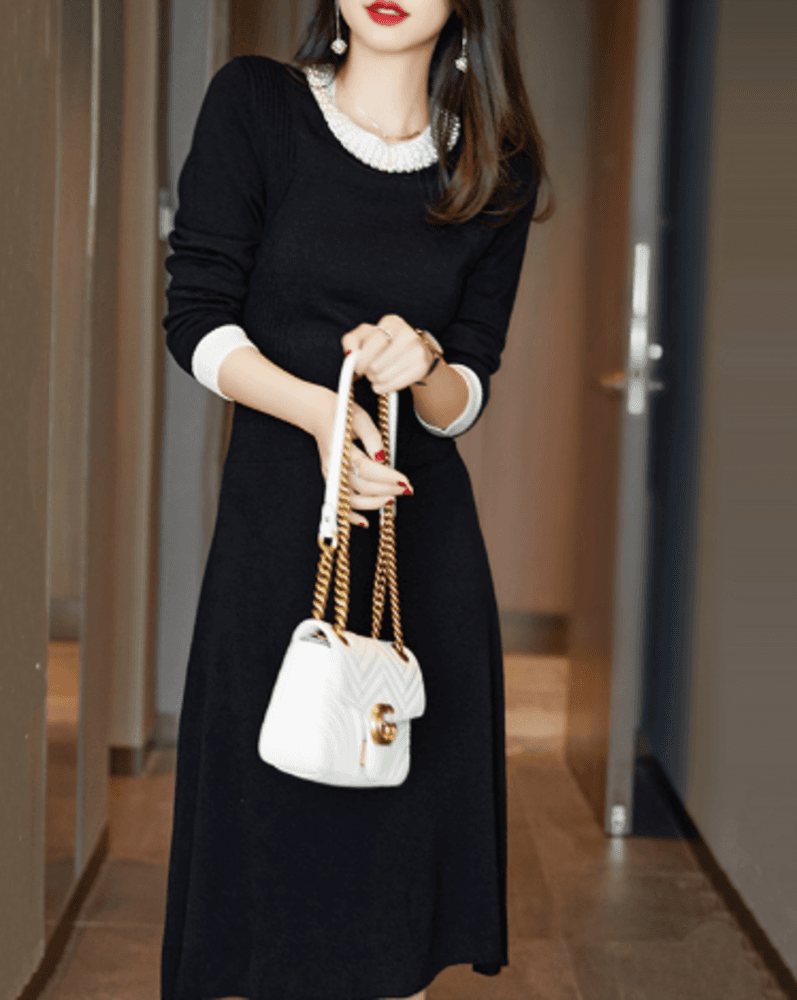 オフィスカジュアル レディース パール付き襟 ニット ワンピース