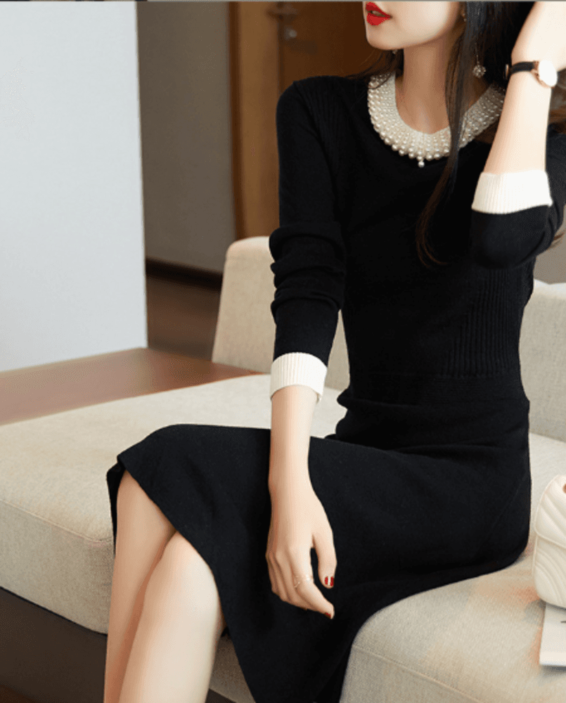 オフィスカジュアル レディース パール付き襟 ニット ワンピース