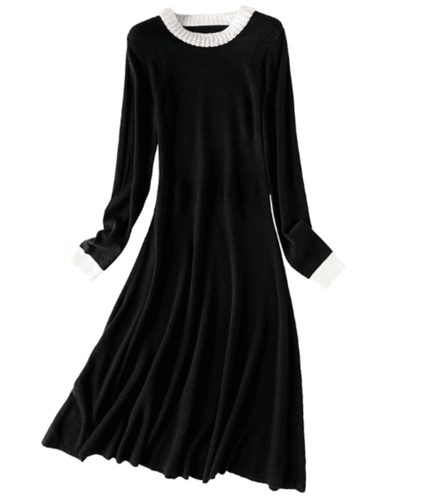 オフィスカジュアル レディース パール付き襟 ニット ワンピース