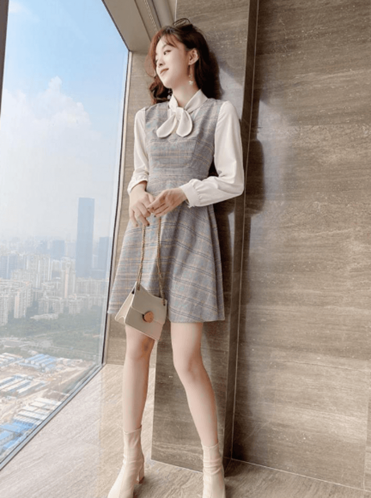 オフィスカジュアル レディース フレンチチェックデザイン ワンピース