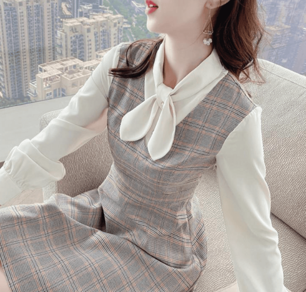 オフィスカジュアル レディース フレンチチェックデザイン ワンピース