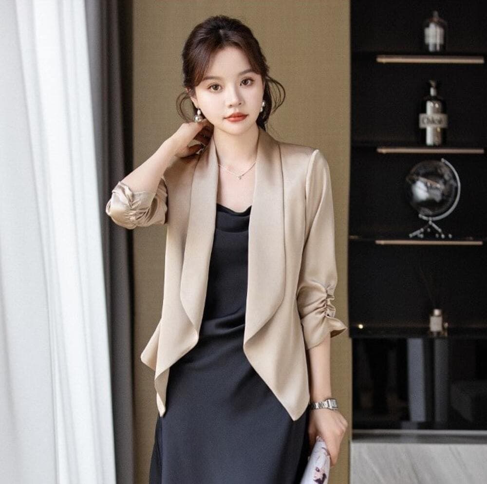 オフィスカジュアル レディース サテンアウターカーディガン