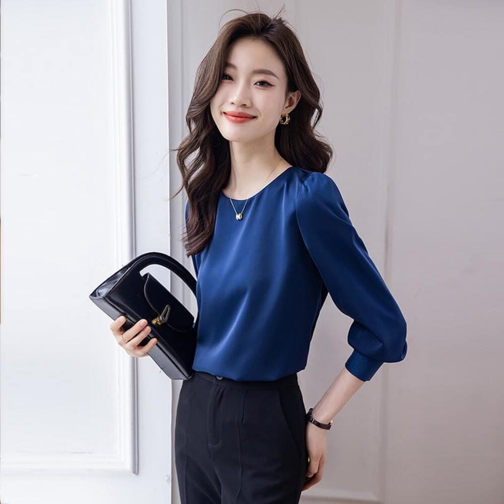 オフィスカジュアル レディース ラウンドネックシフォンブラウス