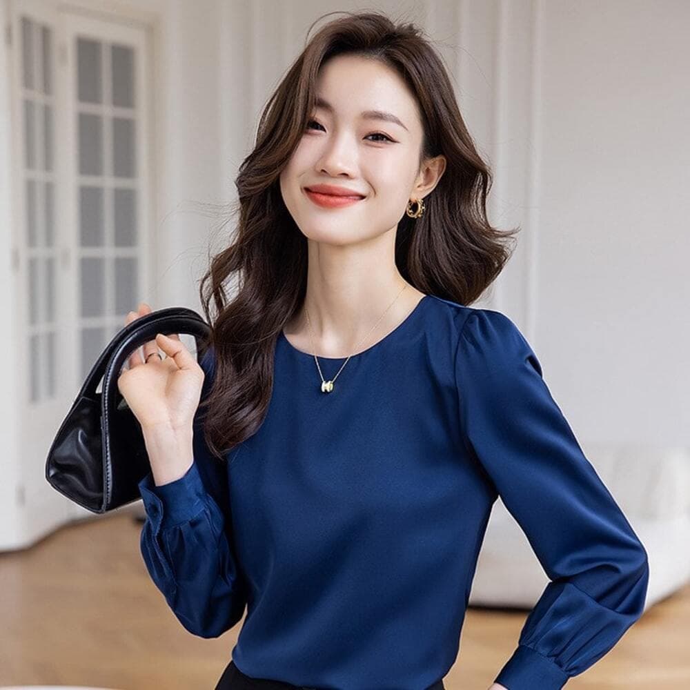 オフィスカジュアル レディース ラウンドネックシフォンブラウス